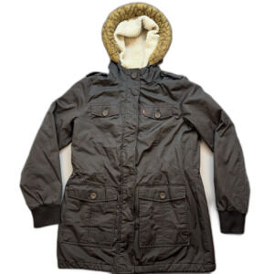 Levis Jacket Women Sz M Black Sherpa Lined Performance Parka Fair Fur Hood Ski‎